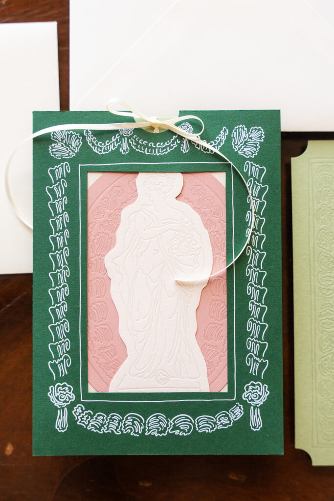 green, pink and white wedding invitation suite with cutout
