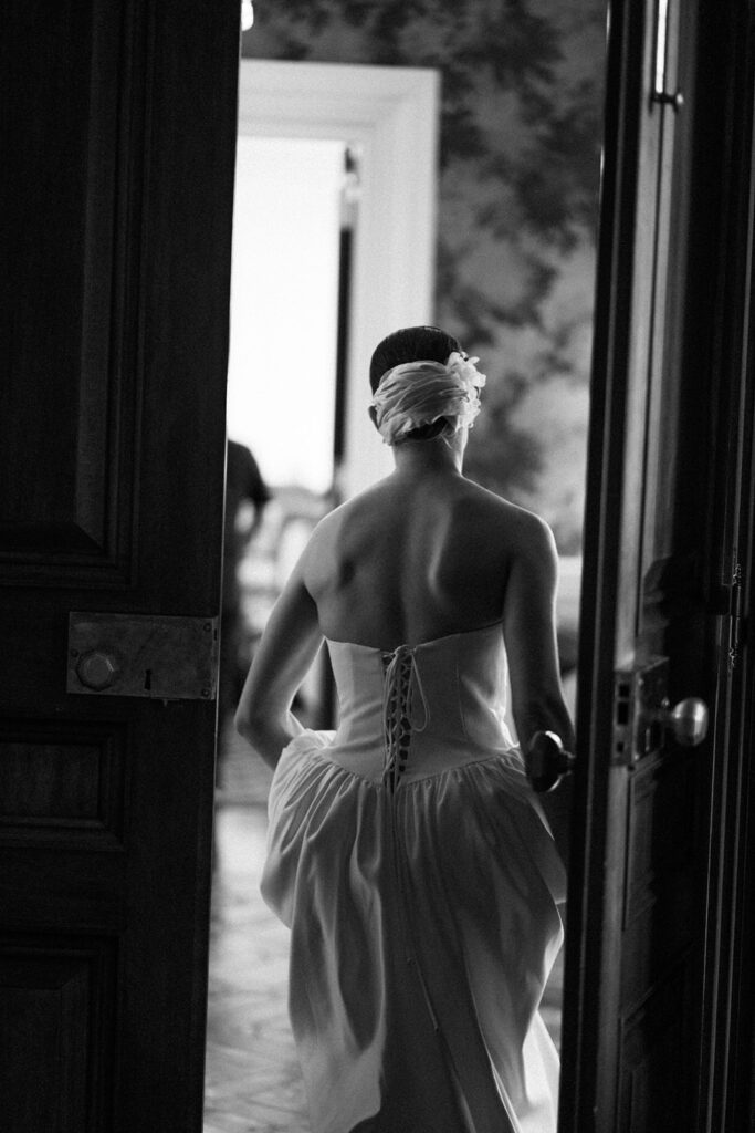 back of bride running from Young Plant Weddings editorial wedding duo